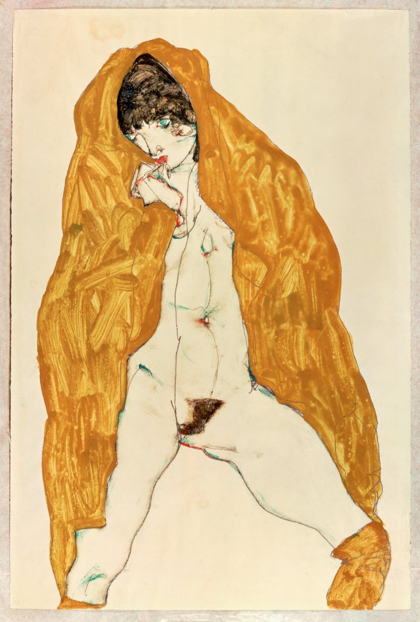 裸体站立，双腿张开，身披黄褐色披肩 作者 埃贡·席勒（Egon Schiele）