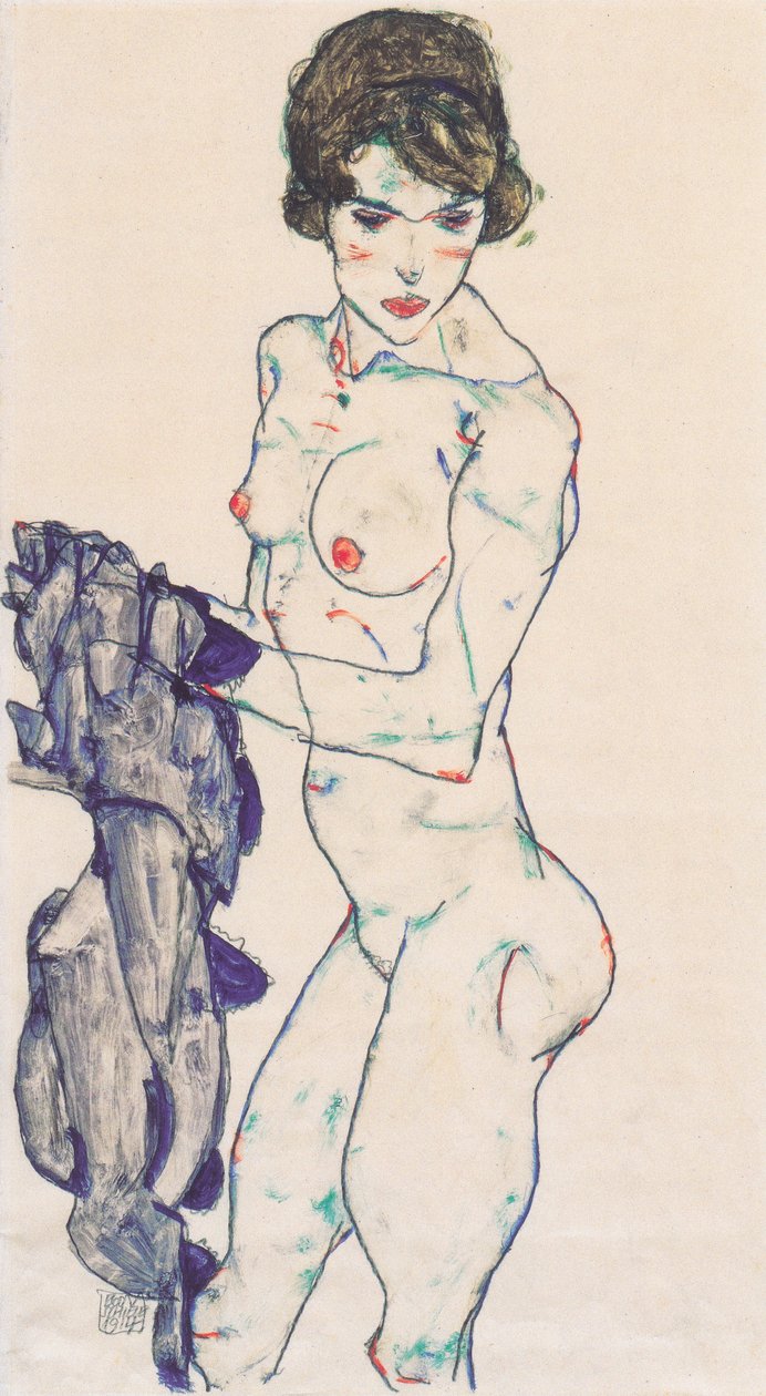 与蓝色布料的常设女性裸体 作者 埃贡·席勒（Egon Schiele）