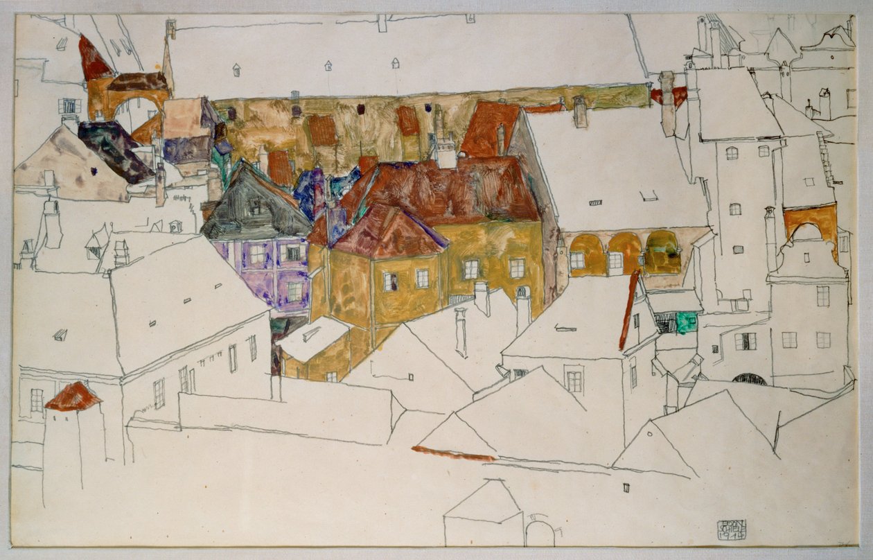 黄色小镇（水粉、水彩和铅笔） 作者 埃贡·席勒（Egon Schiele）