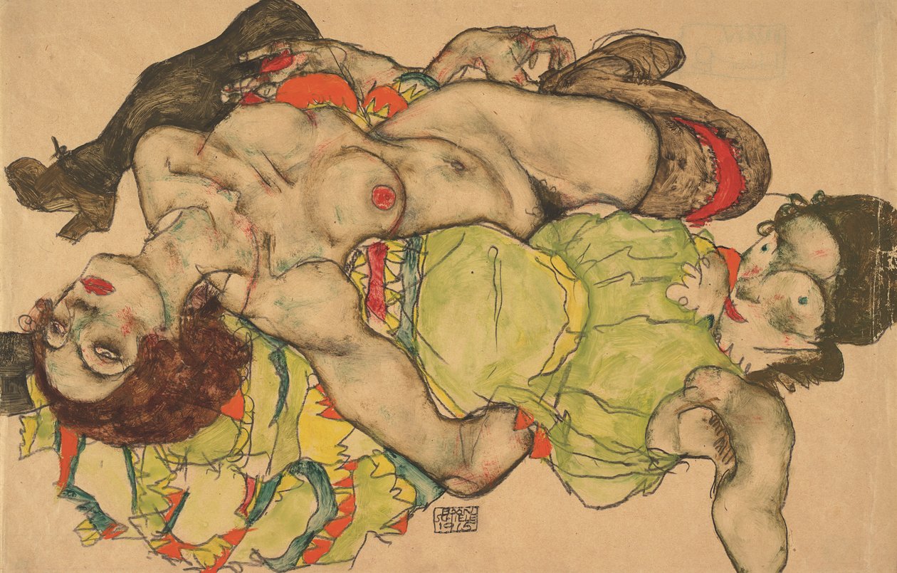 两个女孩躺在纠缠，1915年 作者 埃贡·席勒（Egon Schiele）