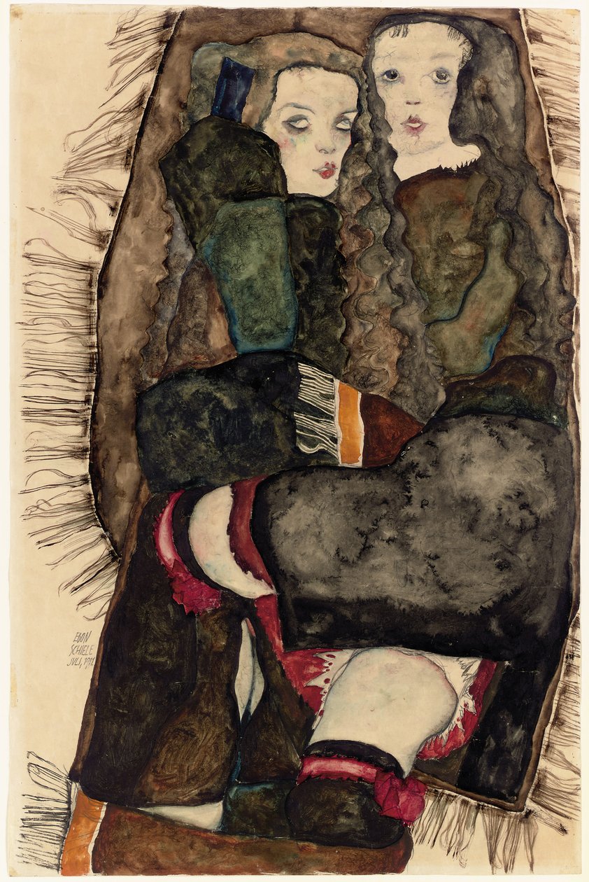 两个女孩在流苏的毯子上；条纹毯子上的两个女孩，1911年 作者 埃贡·席勒（Egon Schiele）
