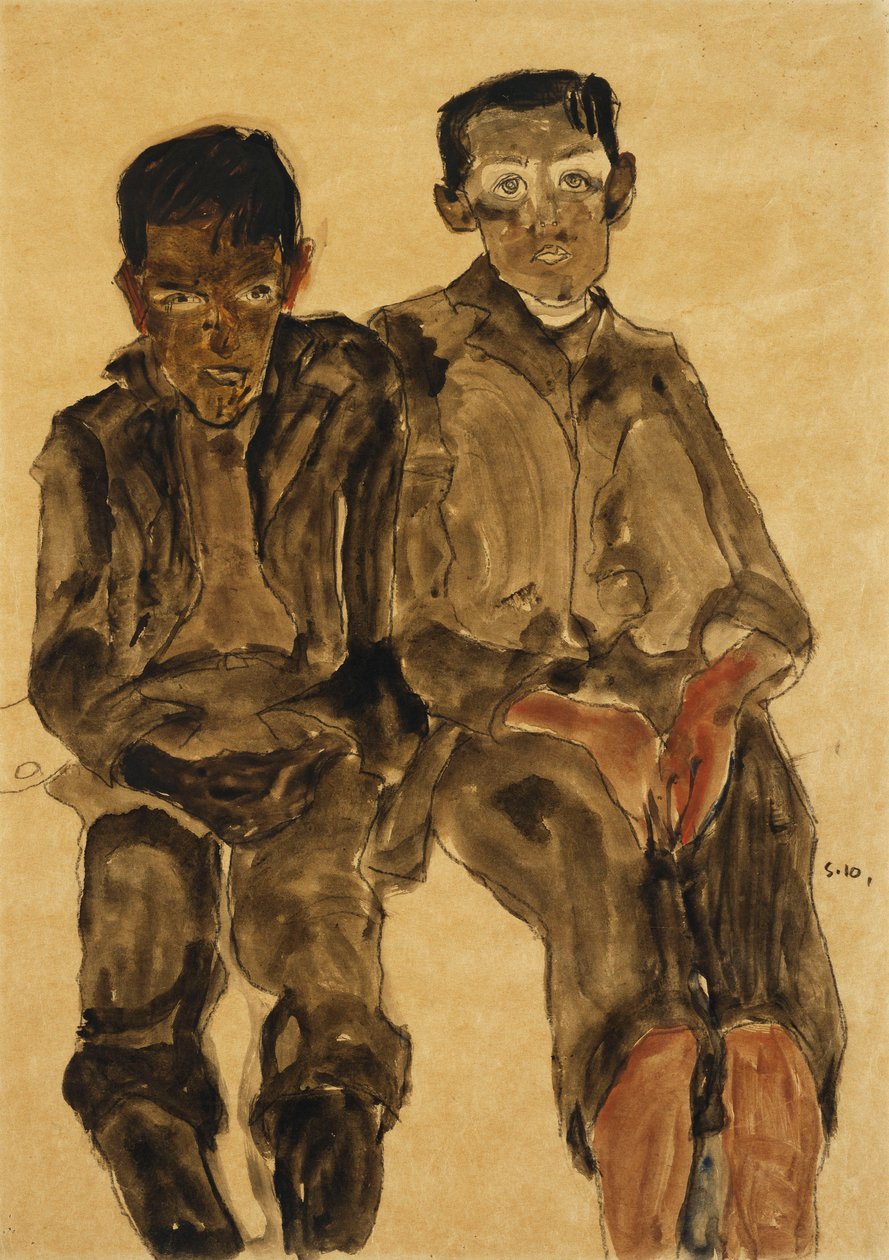 两个坐着的男孩；两个坐着的男孩，1910年 作者 埃贡·席勒（Egon Schiele）