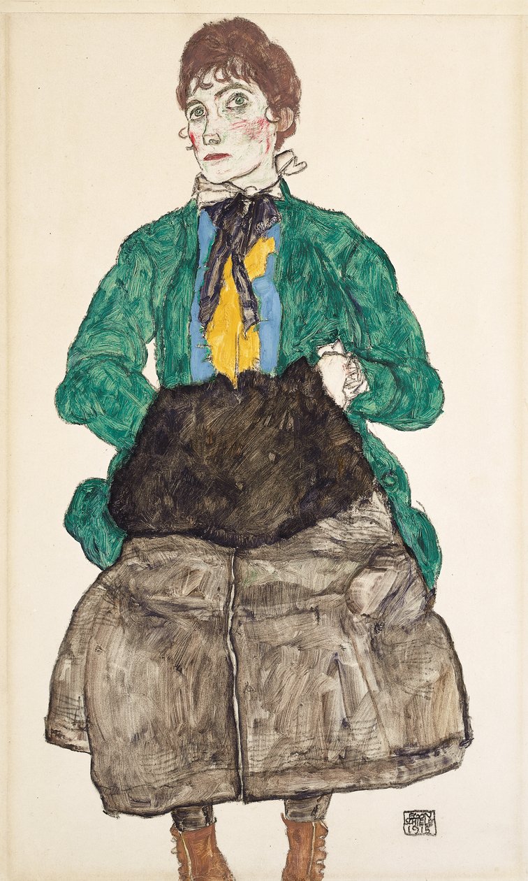 穿着绿色上衣的女人，带罩，1915年 作者 埃贡·席勒（Egon Schiele）