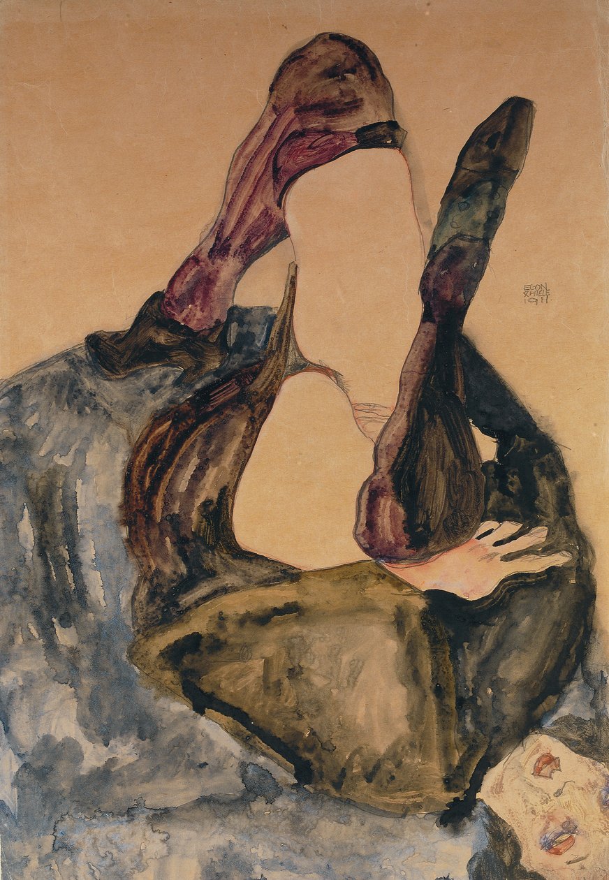 抬高的腿和紫色的长筒袜的女人；腿向上和紫色丝袜的女人，1911年 作者 埃贡·席勒（Egon Schiele）
