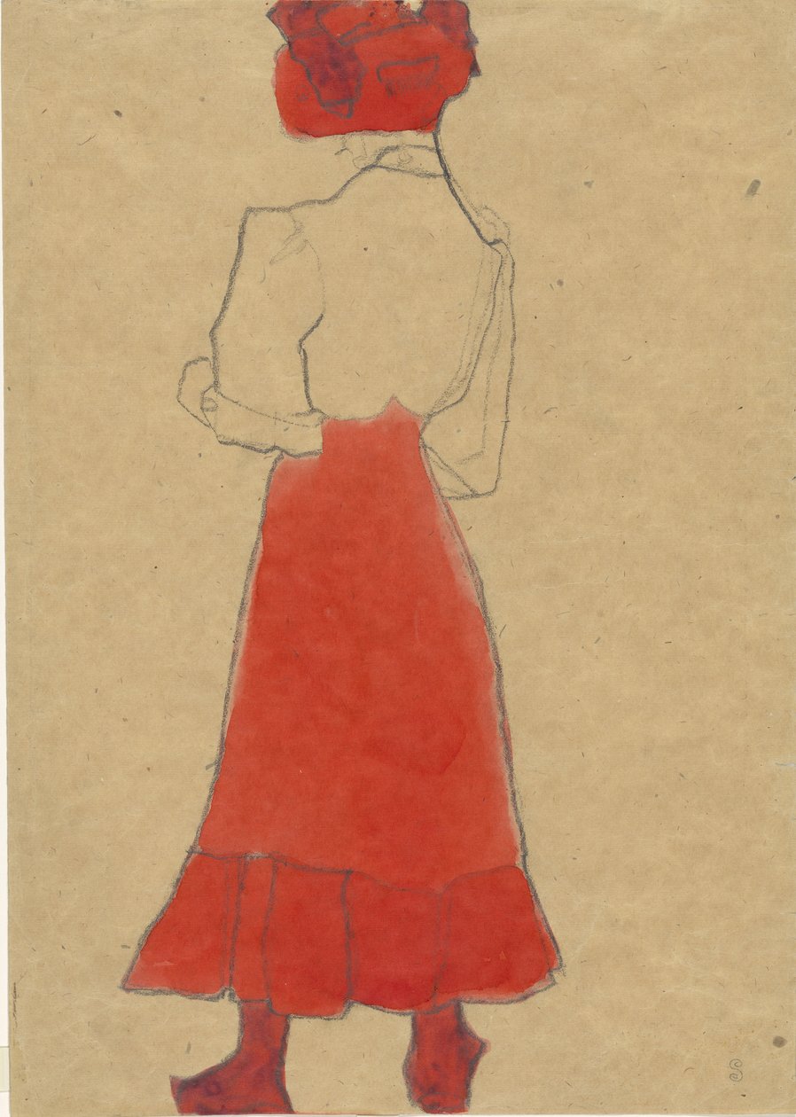 穿红裙子的女人，约1909年。 作者 埃贡·席勒（Egon Schiele）