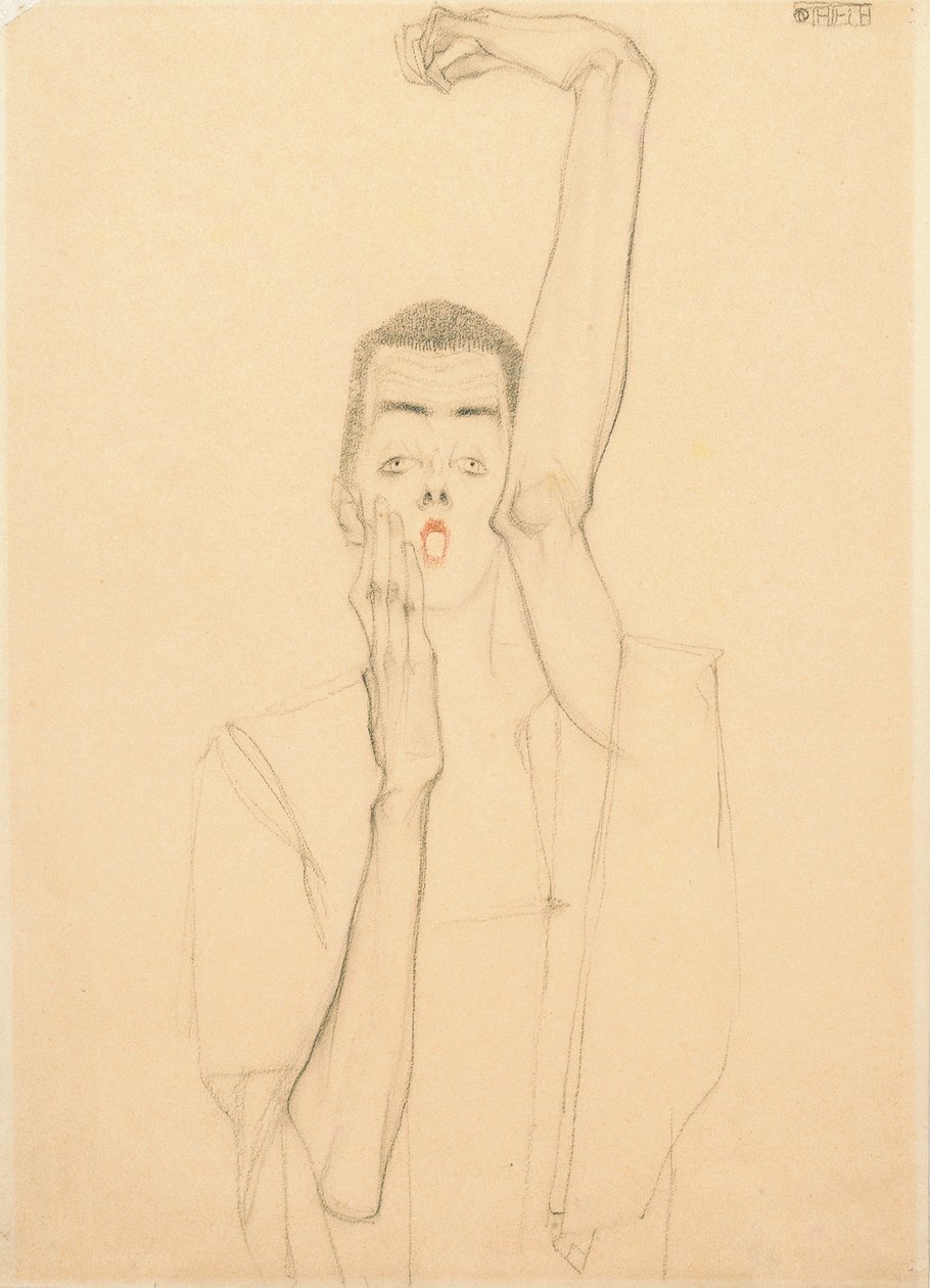 举起手臂，红嘴的年轻人；举起左臂和红色嘴巴的自画像，1909年 作者 埃贡·席勒（Egon Schiele）