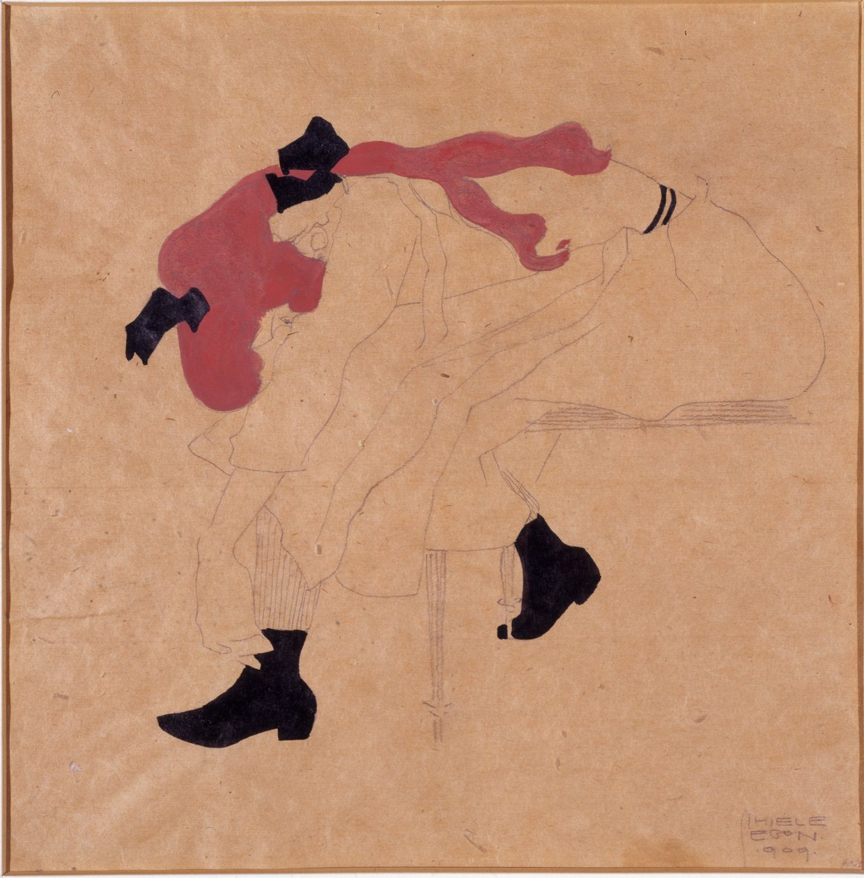 黑丝带红头发的年轻女孩，穿上鞋子，1909年 作者 埃贡·席勒（Egon Schiele）