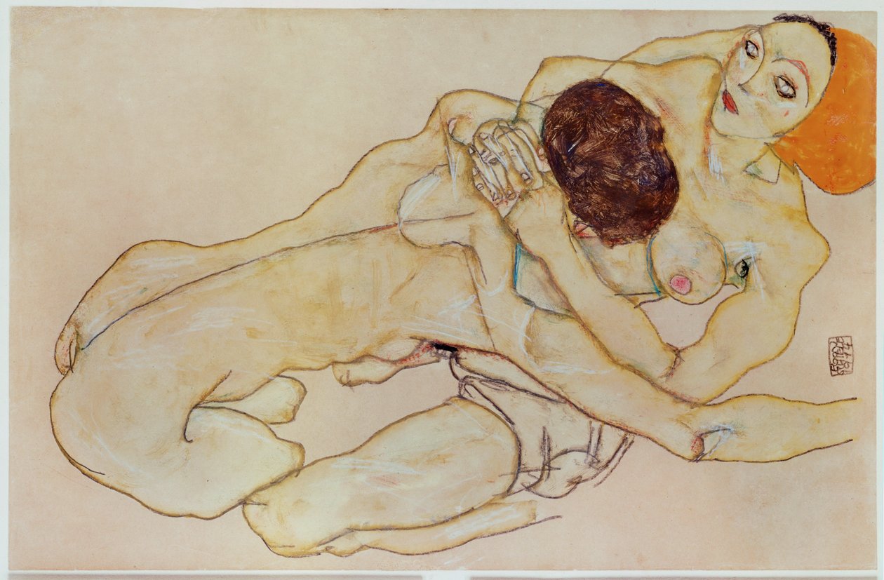 两个女孩--恩爱夫妻......（水粉和铅笔） 作者 埃贡·席勒（Egon Schiele）