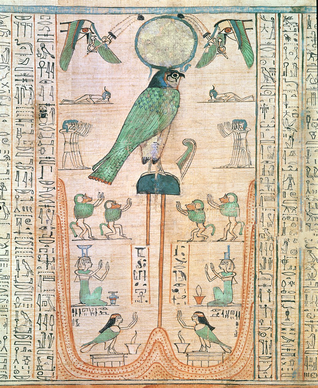 新英国猎鹰Re-Horakhty形式的升起太阳的崇拜，公元前1150年（纸莎草纸） 作者 埃及第20王朝