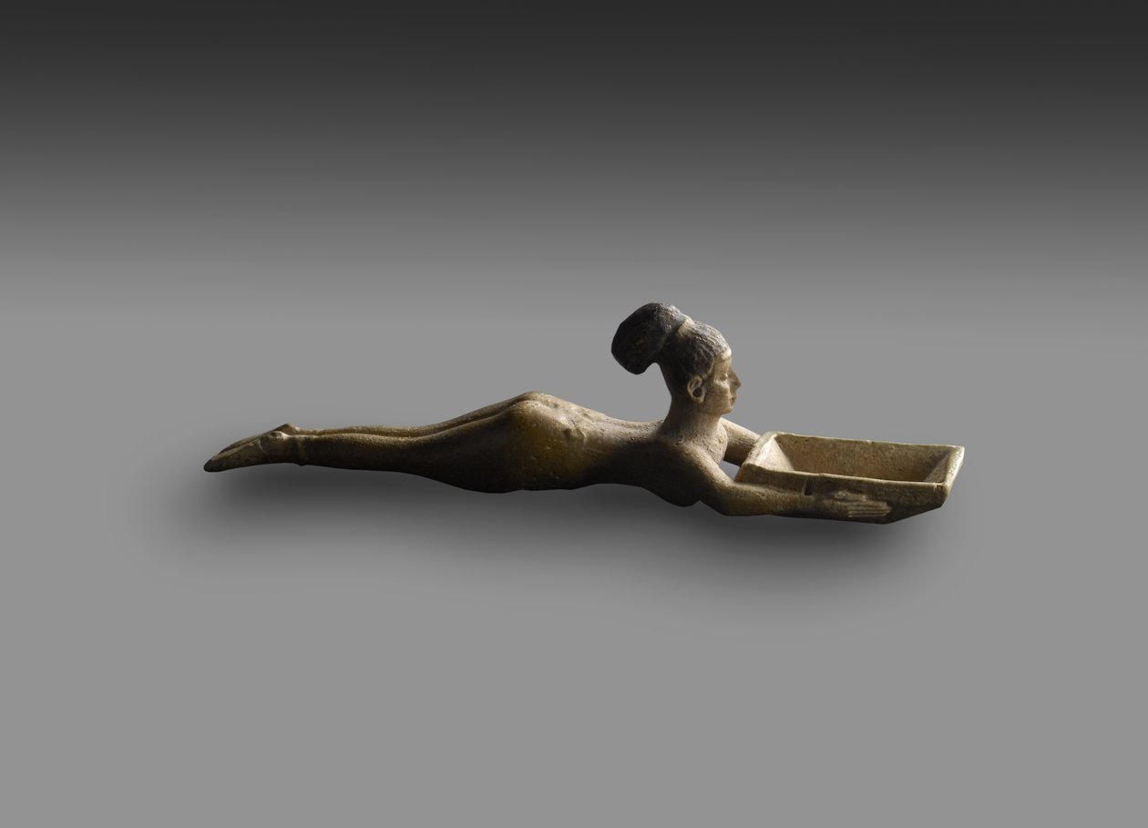 化妆勺形状的游泳女孩，从萨摩姆，努比亚，晚期，c.747-702 BC（彩陶釉面陶器）的墓 作者 埃及第25王朝
