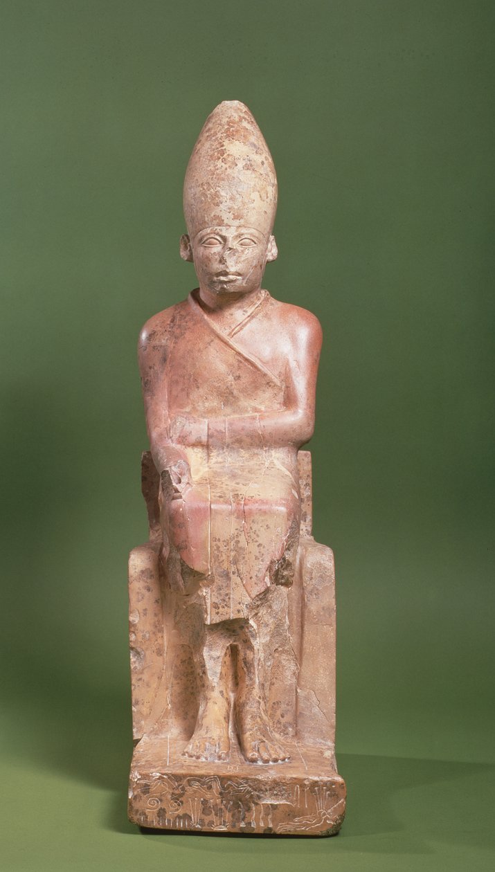 在公元前2700年（石灰岩）的Hierakonpolis发现的法老Khasekhem雕像与被征服的敌人在基地周围切割 作者 埃及第二王朝