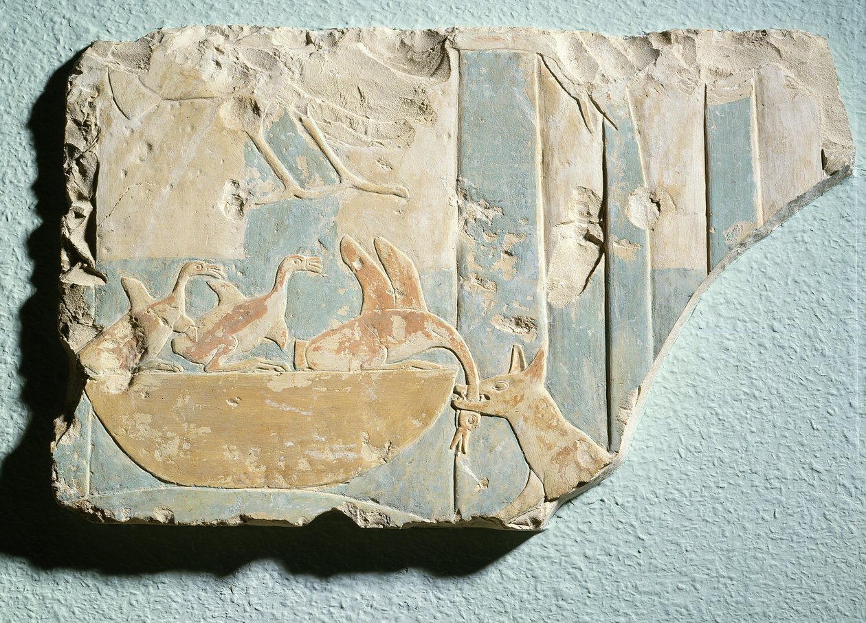 从中国王国蒙托霍特二世的国王葬礼寺（画石灰石）描绘了鸟巢上的一只狗似的动物的突袭 作者 埃及第十一王朝