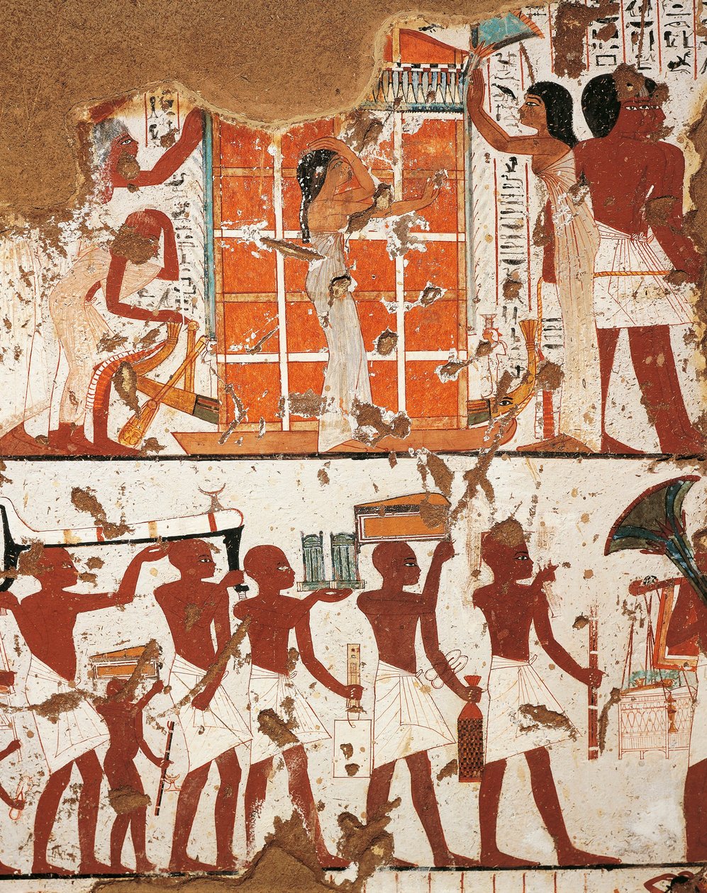 埃及，底比斯，El-Khokha 墓地贵族谷，Nebamon 和 Ipouky 墓，描绘死者葬礼队伍和寡妇的壁画细节 作者 埃及第十八王朝