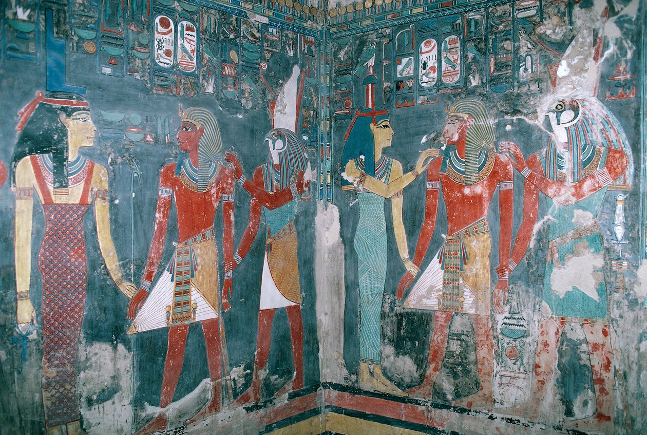 埃及，底比斯，卢克索，帝王谷，霍伦希布墓，壁画，描绘伊希斯女神和荷鲁斯神之间的霍伦希布，新王国，第十八王朝 作者 埃及第十八王朝