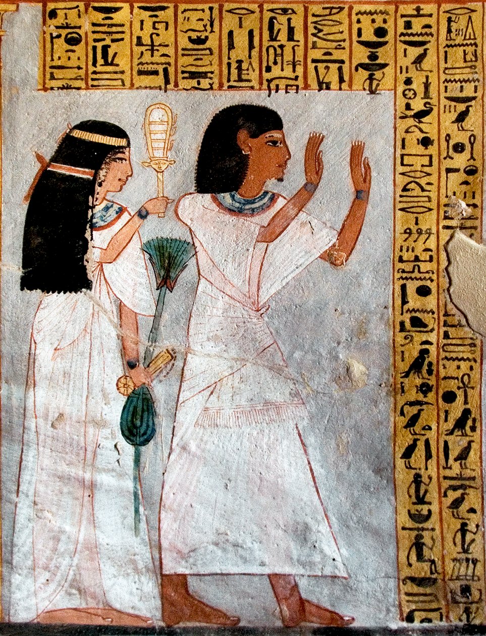 Egyptian antiquite: characters in worship. Tomb of Roy (TT255). 18th dynasty. From the West Bank of Luxor, Egypt - Ancient Egypt: Osiris being worshipped by a couple. Tomb of Roy (TT 255). 18th dynasty. From the west bank of Luxor, Egypt 作者 埃及第十八王朝