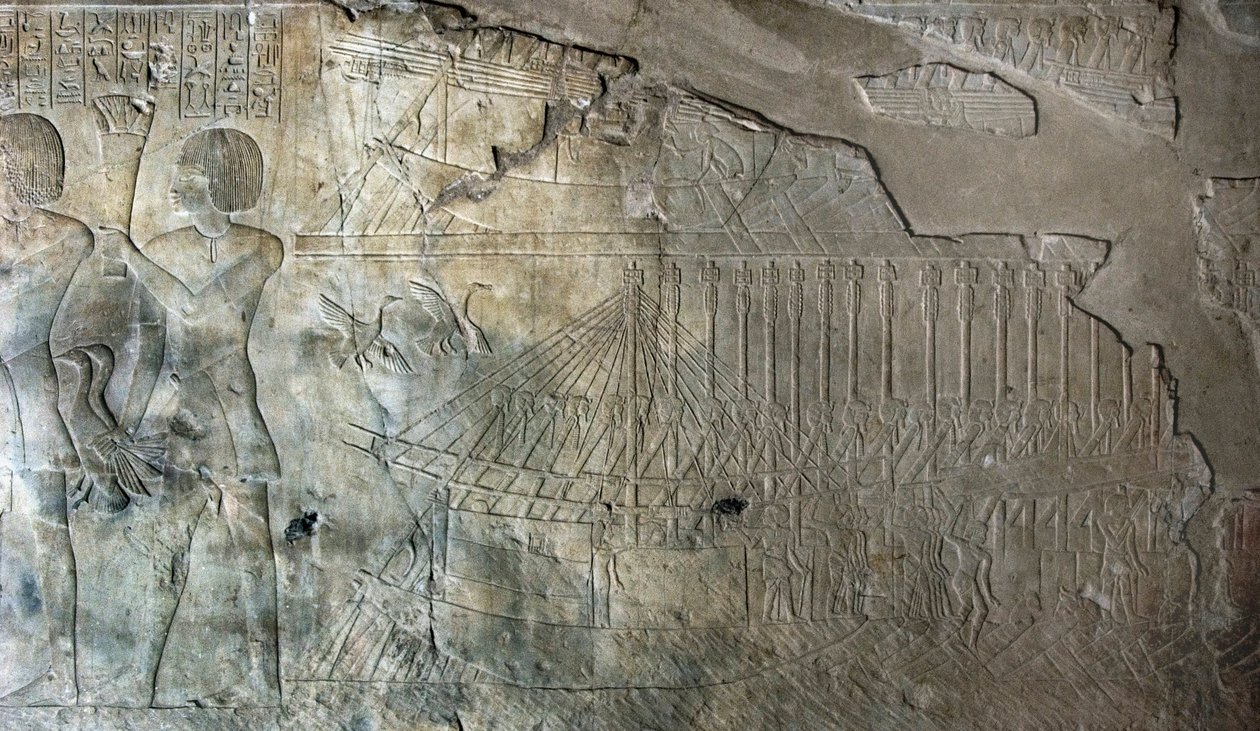 Egyptian antiquite: relief from the tomb of Kha em Het (Khaemhat) inspector of attics and scribe at the court of Amenophis III (TT57) representing a fleet of ships. 18th dynasty. 1530-1290 BC. Vallee des Nobles. Luxor, West Bank, Egypt 作者 埃及第十八王朝