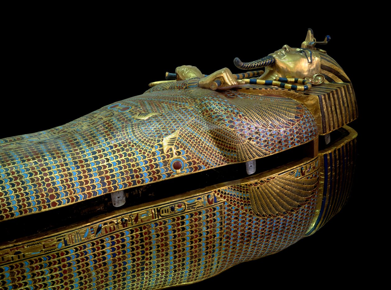 埃及古董：图坦卡蒙 (Tutankhamun 或 All-Ankh-amun) Tresor 的石棺 作者 埃及第十八王朝