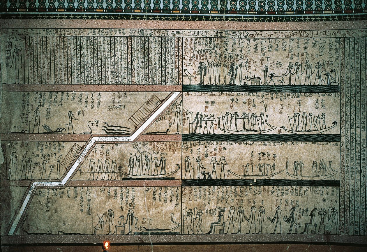 墓室东墙上的壁画，描绘了《阿姆杜阿特之书》，太阳船的旅程 作者 埃及第十八王朝
