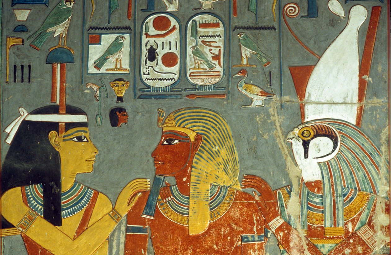 荷鲁斯，Horemheb和Hathor，来自Horemheb之墓（公元前1323-1295）新王国（壁画） 作者 埃及第十八王朝
