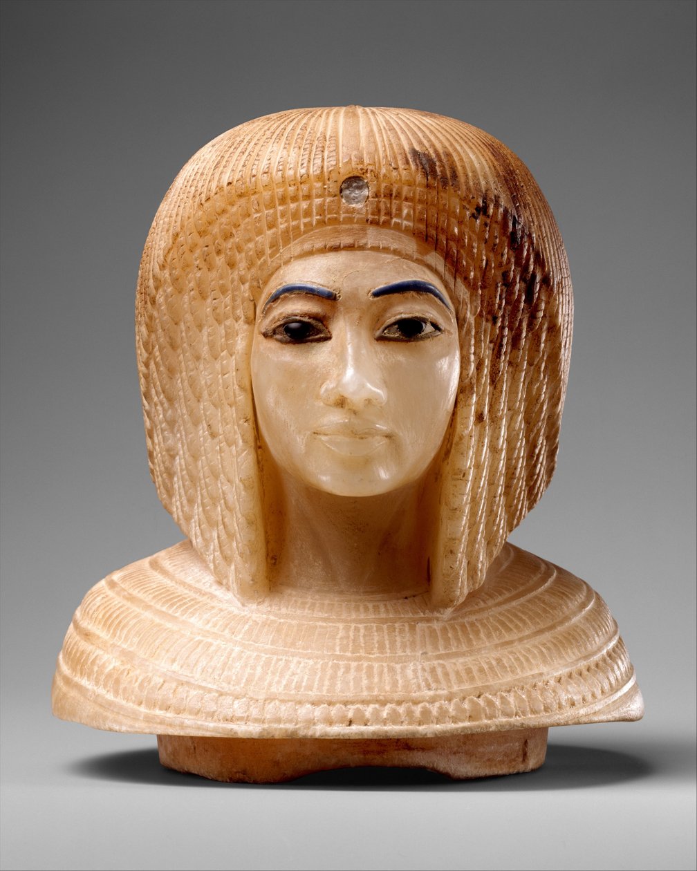 皇家妇女头部形状的盖子，约公元前1349-36年（洞石，蓝玻璃，黑曜石）。 作者 埃及第十八王朝