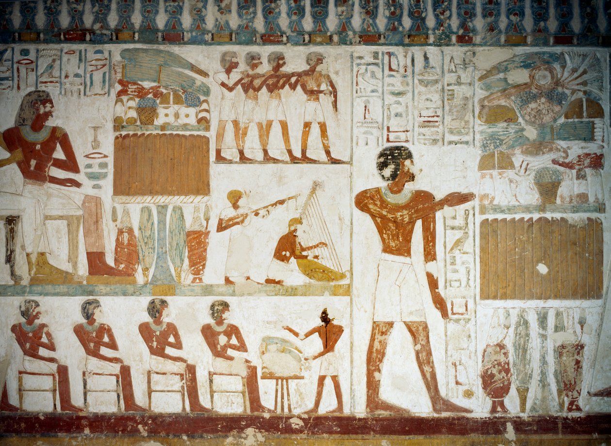 音乐家，Userhat墓的壁画细节，Sheikh Abd el Qurnah Necropolis，卢克索，底比斯（联合国教科文组织世界文化遗产名录）。 作者 埃及第十八王朝