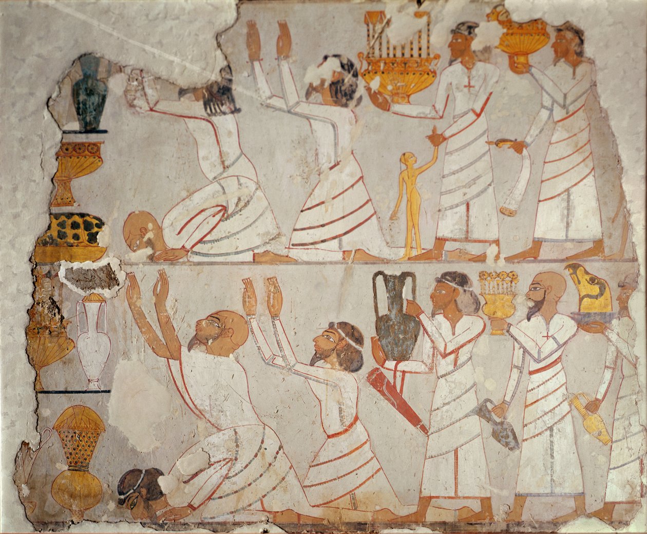 描绘亚洲进贡者的彩绘墓墙的一部分，公元前 1400 年（石上彩绘石膏） 作者 埃及第十八王朝