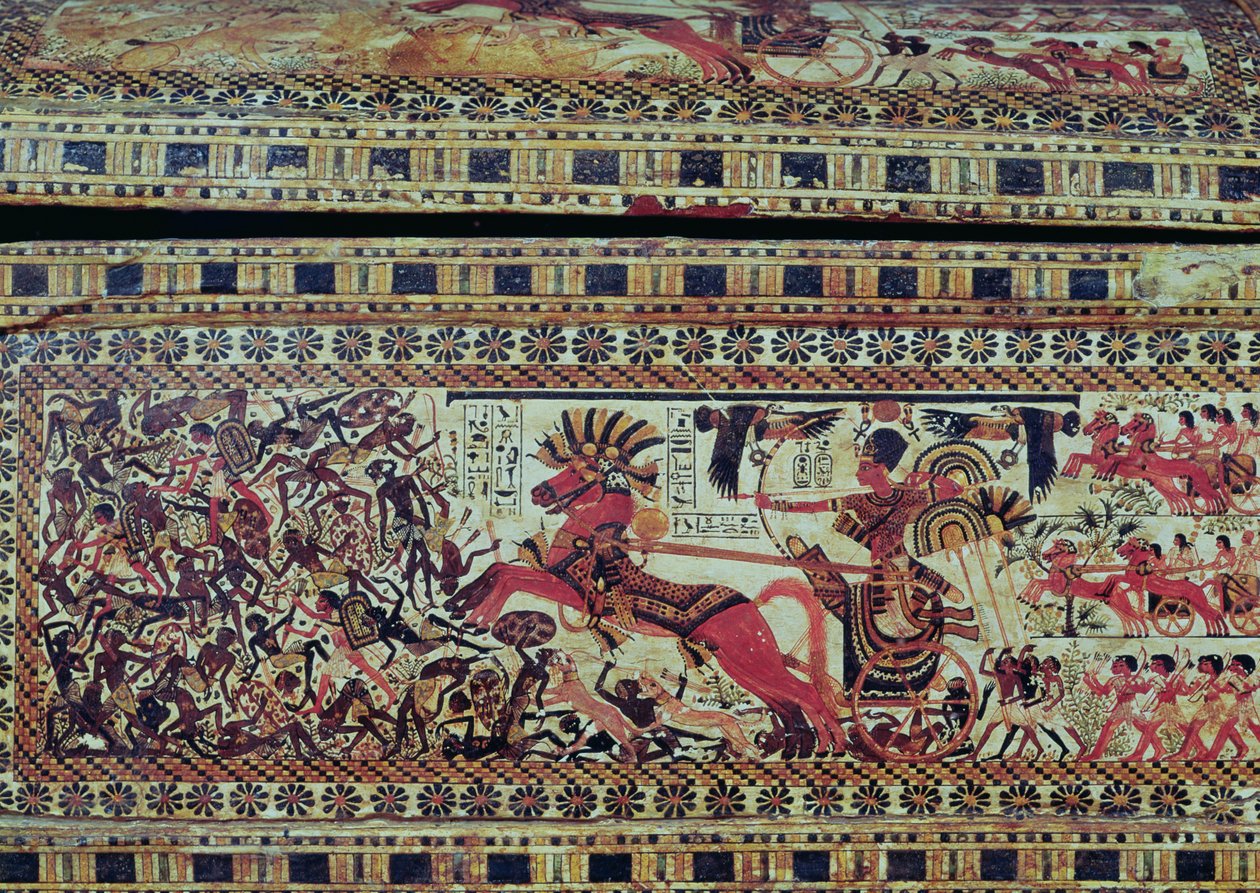 图坦卡蒙（公元前1373-1352）在他的战车上攻击非洲人，从胸部侧面看细节，新王国，公元前1340年（漆木）（见147998） 作者 埃及第十八王朝