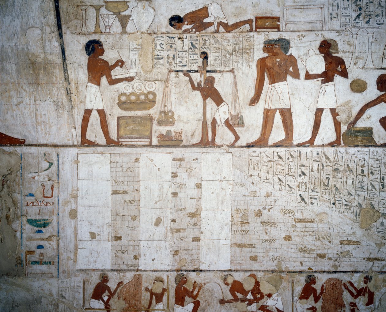 称量金银，底比斯卢克索Sheikh Abd el Qurnah Necropolis Rekhmire墓的壁画细节（联合国教科文组织世界遗产名录 作者 埃及第十八王朝