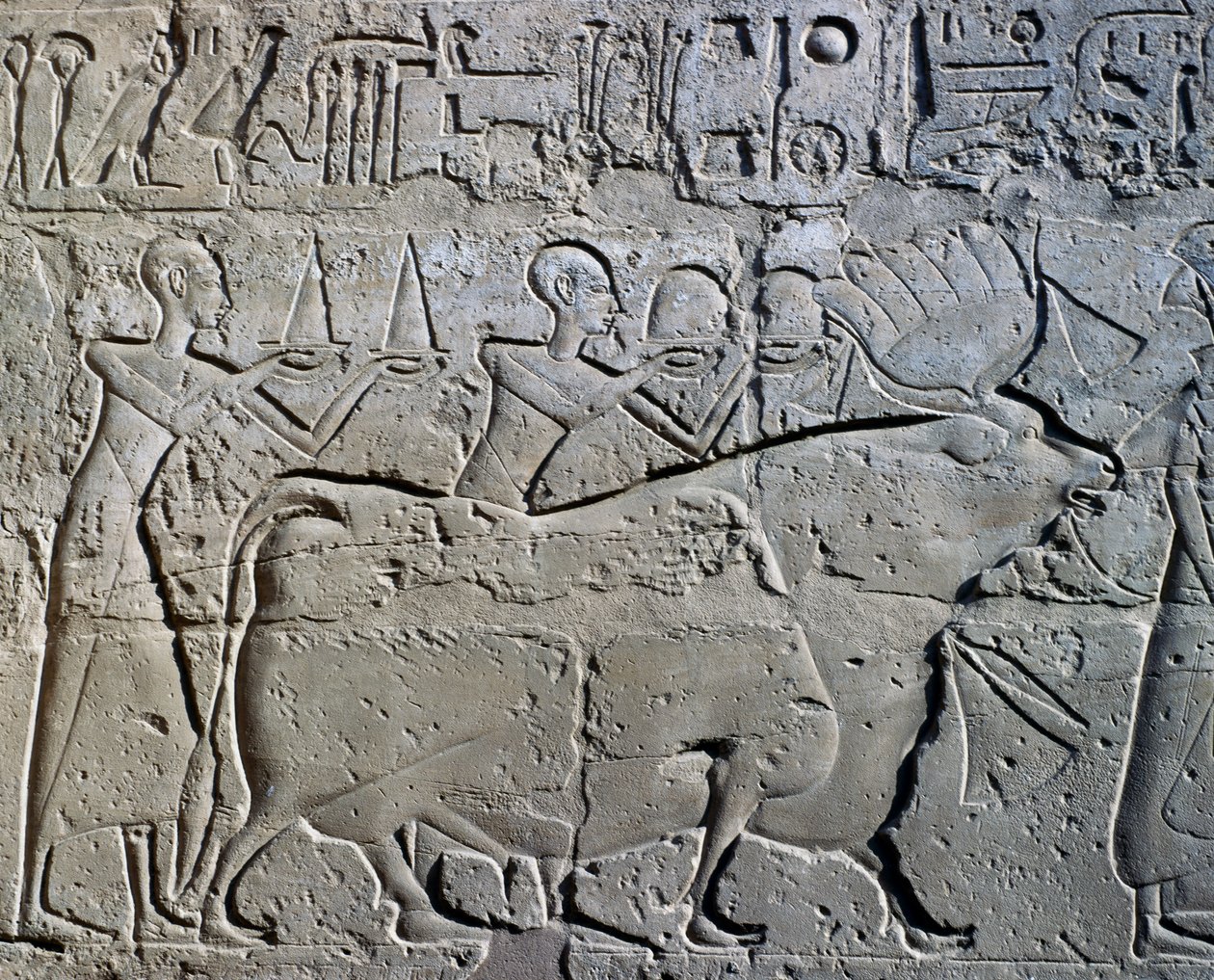 象征矿区的人物向神进贡，浮雕，拉美西斯二世庭院，阿蒙神庙（联合国教科文组织世界遗产名录 作者 埃及第19王朝