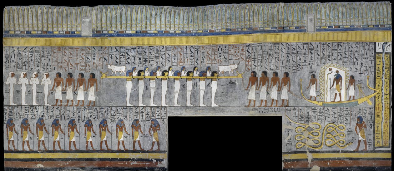 Egypt, Thebes, Luxor, Valley of the Kings, Tomb of Ramses I, mural painting of Ra in solar bark in burial chamber from 19th dynasty 作者 埃及第19王朝
