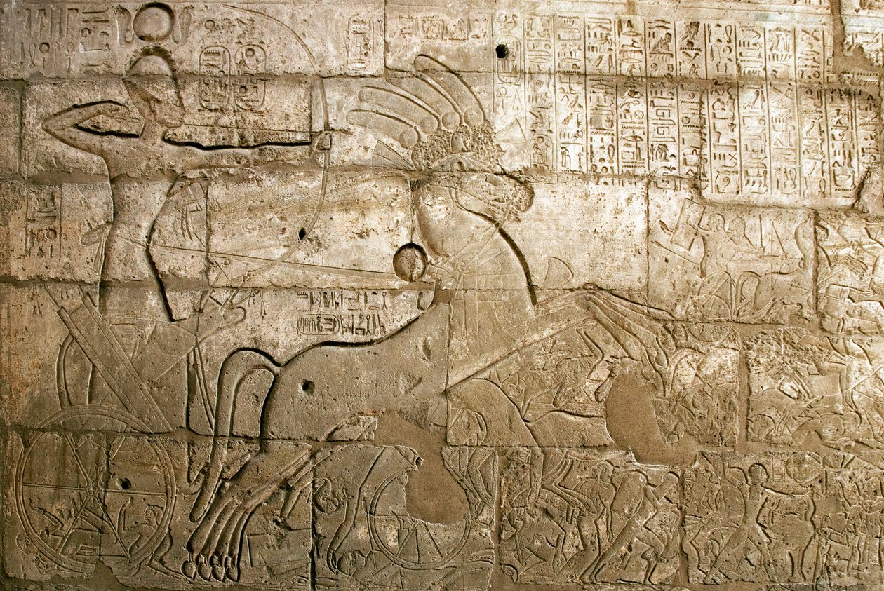 Egyptian antiquite: sight of the reliefs celebrating the feats of Ramses II during the Battle of Qadesh in 1274 BC, the Pharaoh is represented on his chariot, the funeral temple dedicated to Pharaoh Ramses II (1279-1213 BC), Ramasseum site (Ramesseum) in L 作者 埃及第19王朝