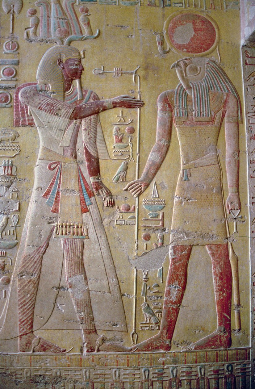 描绘Merenptah（公元前1236-1223）的救济受到Re-Herakhty的欢迎，来自新王国Merenptah墓，公元前1-297-1185（彩绘石灰石） 作者 埃及第19王朝