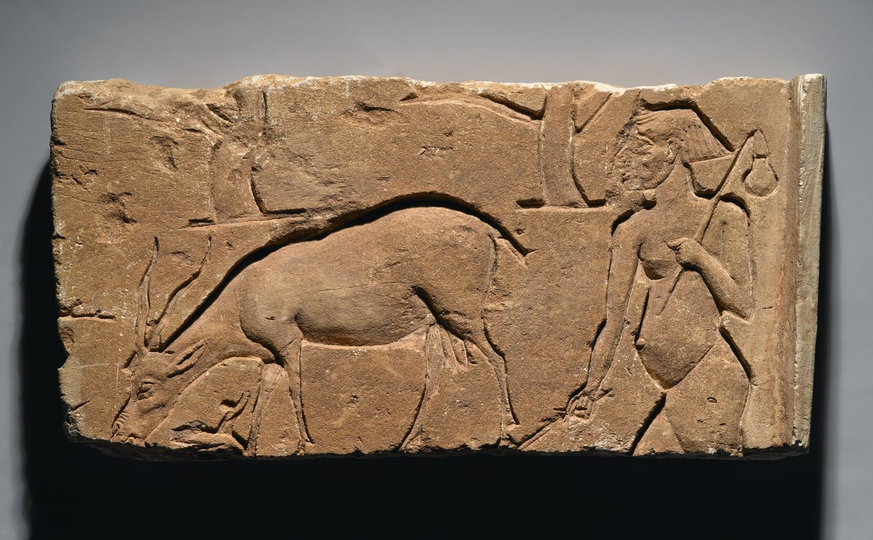 描绘与山羊和树木的牧羊人的救济，可能来自新王国的Tell el-Amarna，公元前1350-1333（石灰岩） 作者 埃及第19王朝