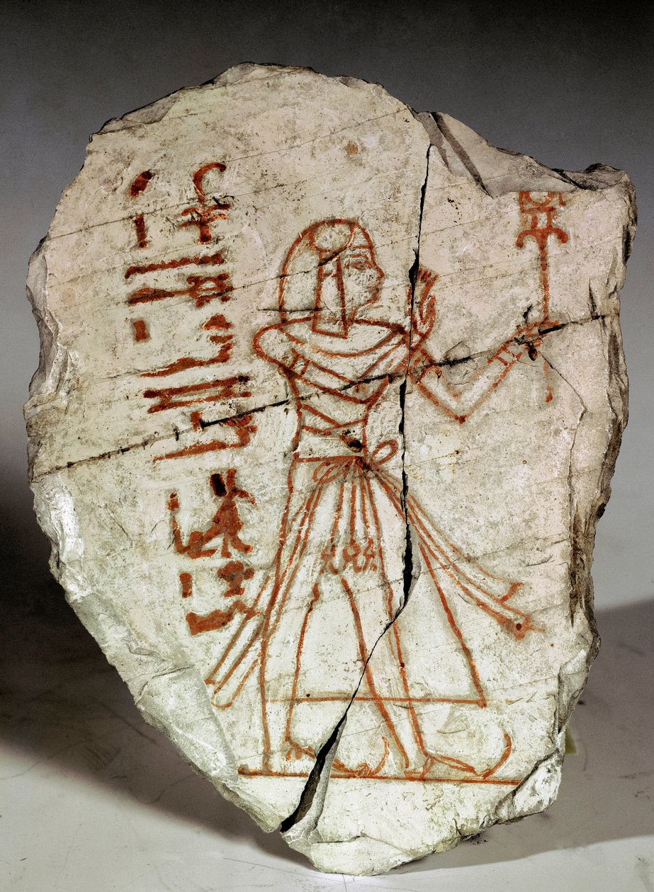 埃及古物：Ostrakon（或Ostracon）（复数：Ostraca或Ostraka）（用于笔记、绘图的陶器碎片......），代表拉美西斯时期（19-20王朝）的一位公主。公元前1100年。都灵，埃及博物馆--古埃及：奥斯特拉康（或奥斯特拉康）。 作者 埃及第20王朝