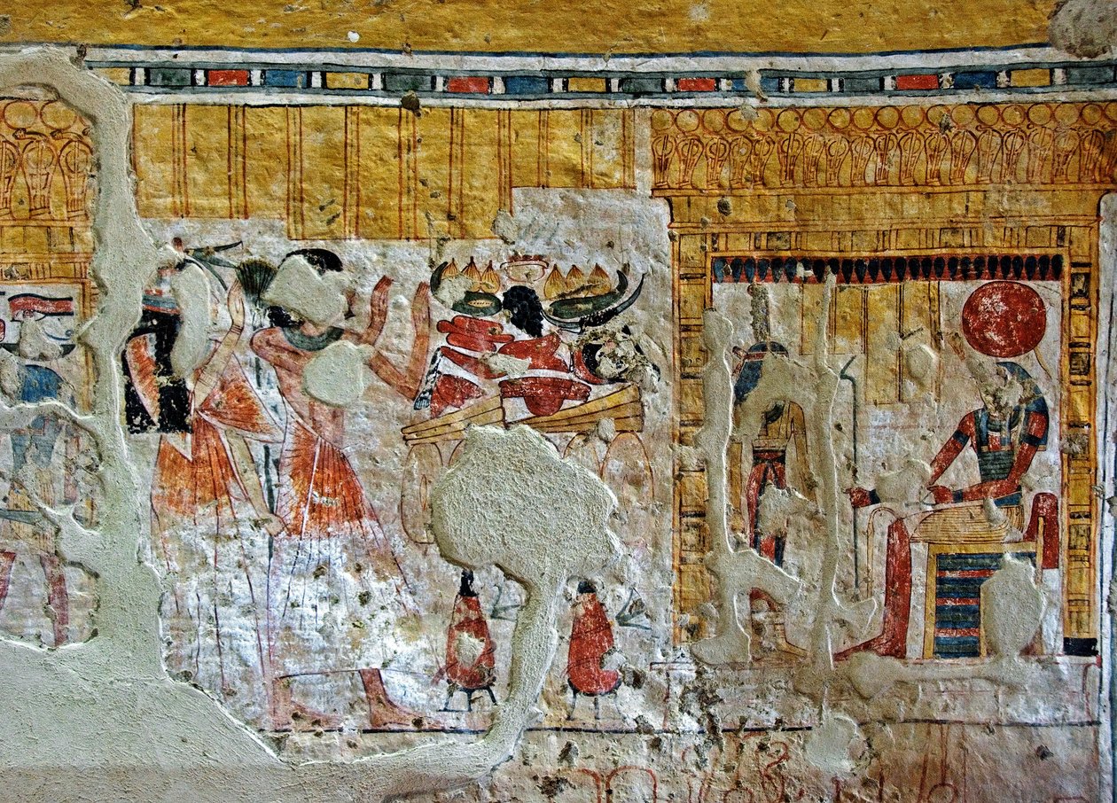 Egyptian antiquite: representation of Shuroy and his wife worshipping deities. Painting of the Tomb of Shuroy (TT13). 20th dynasty. 1190-1077 BC Necropole of Dra Abu el-Naga, West Bank of Luxor, Egypt 作者 埃及第20王朝