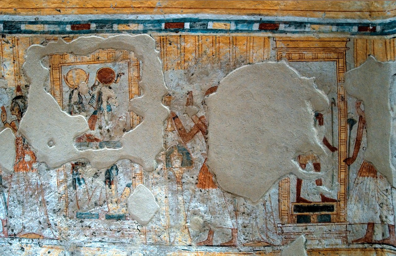 埃及古代：代表Shuroy和他的妻子崇拜Thot神和Ra女神。舒罗伊墓画 作者 埃及第20王朝
