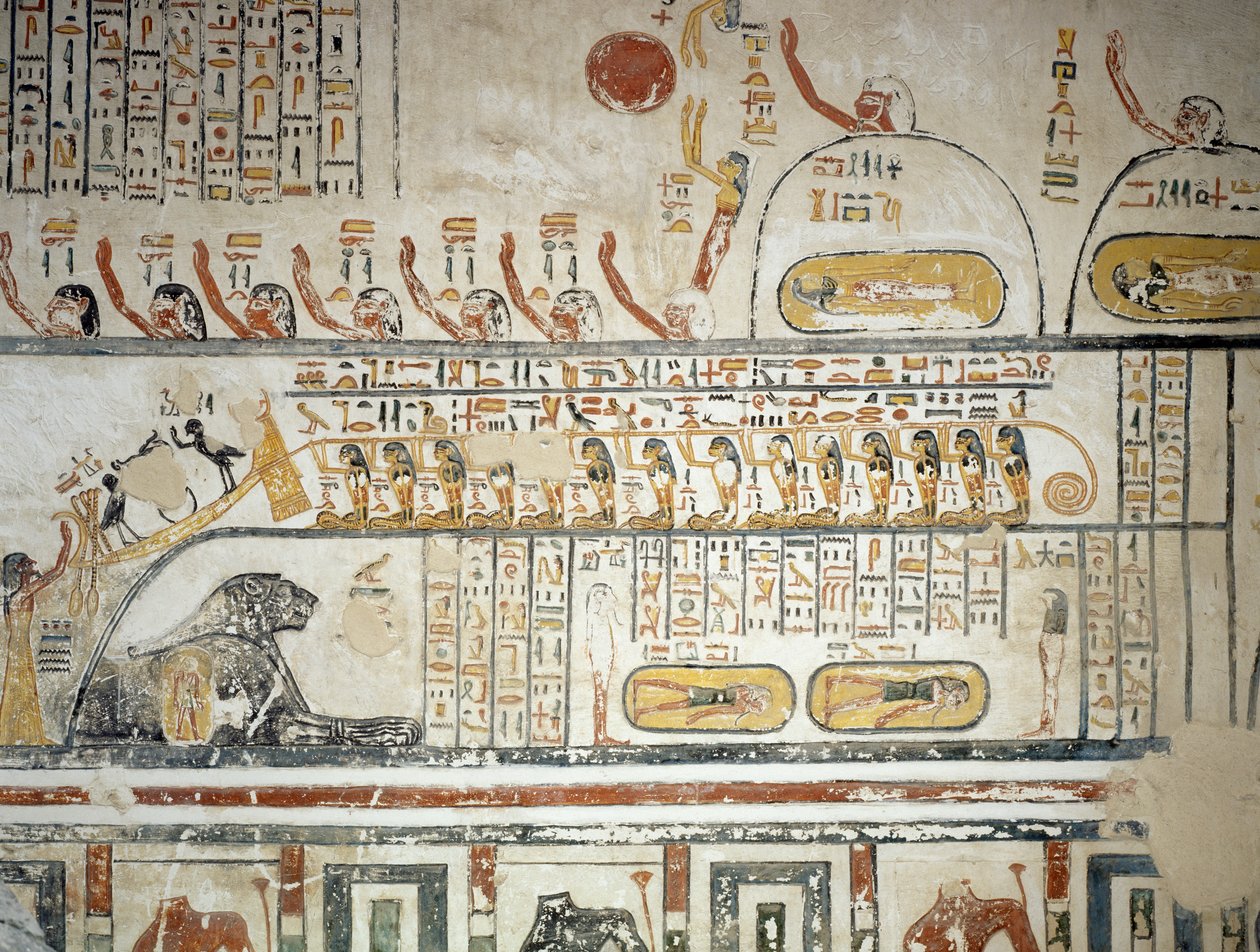 太阳神拉的天体导航后的游行，《地球之书》，拉美西斯六世墓墓室壁画细节，卢克索，底比斯（联合国教科文组织世界遗产名录）。 作者 埃及第20王朝