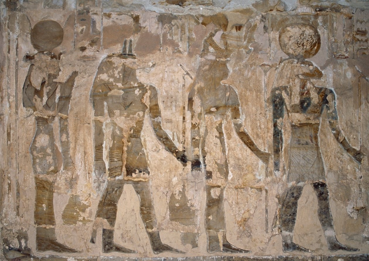 埃及吉萨巴哈利亚绿洲艾因-麦夫特拉神庙壁画，第26王朝（公元前663-525年）。 作者 埃及第26王朝