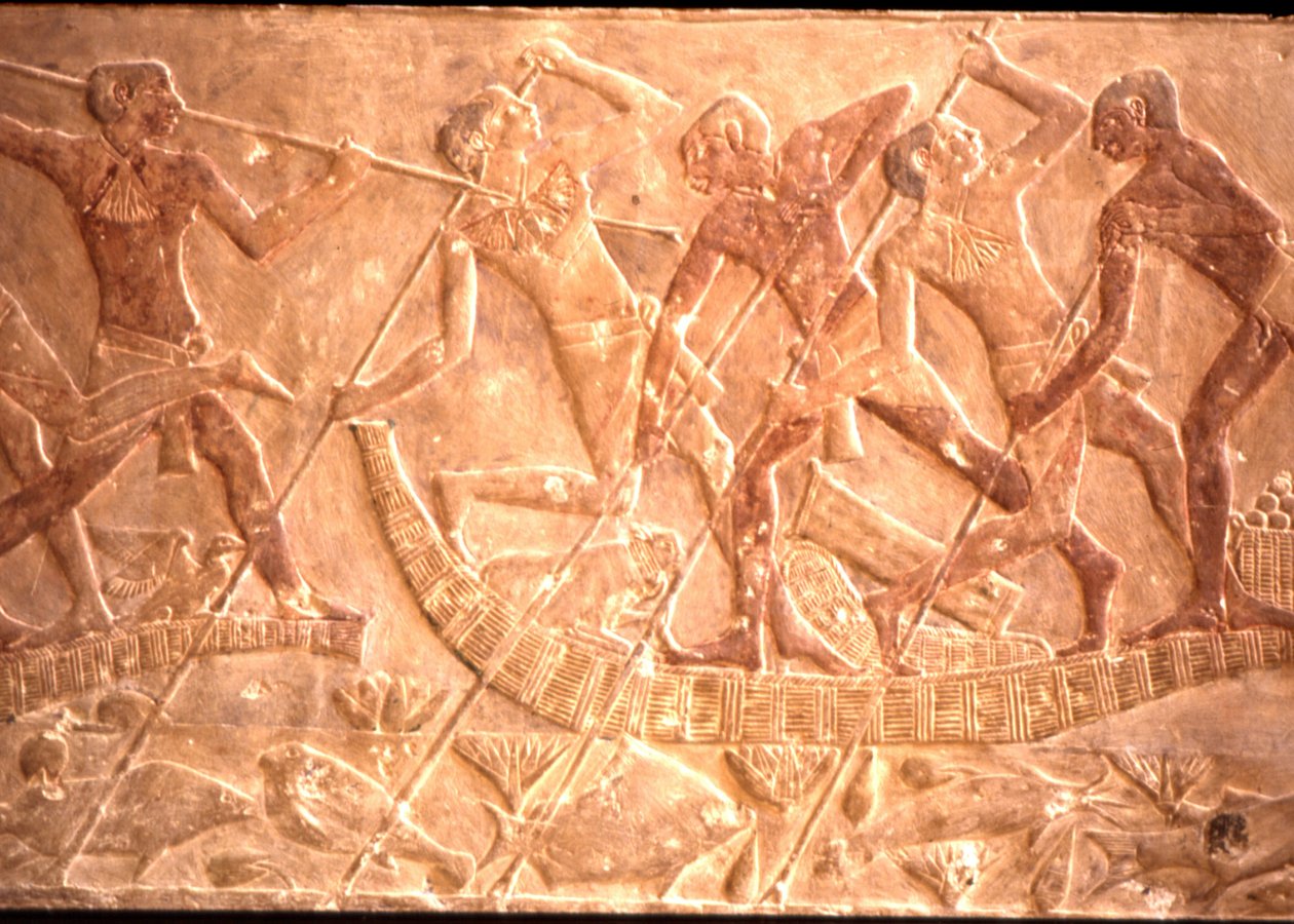 第五王朝，Ptah-Hotep墓，纸莎草纸船上捕鱼的男子(照片) 作者 埃及第五王朝