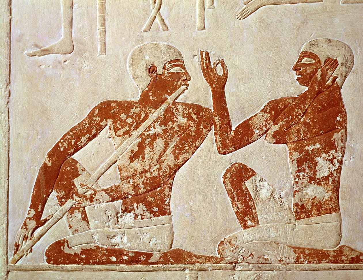 在Nenkhefetka墓，Saqqarah，旧王国，公元前240年（壁画）的葬礼宴会上描绘长笛演奏家和歌手 作者 埃及第五王朝