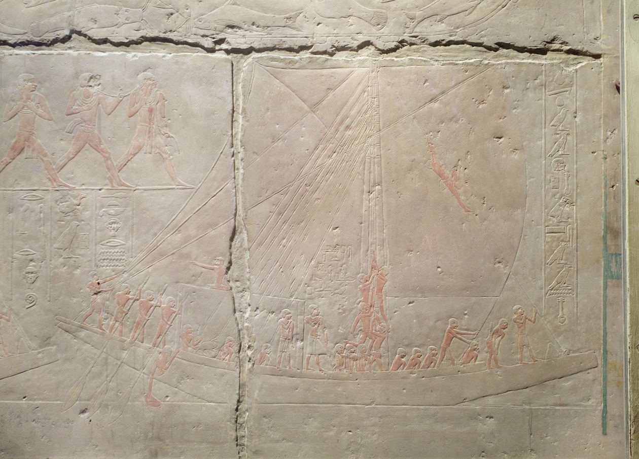 描绘乘船旅程的救济，从旧王国Akhethotep的Mastaba，公元前240年（画石灰石） 作者 埃及第五王朝