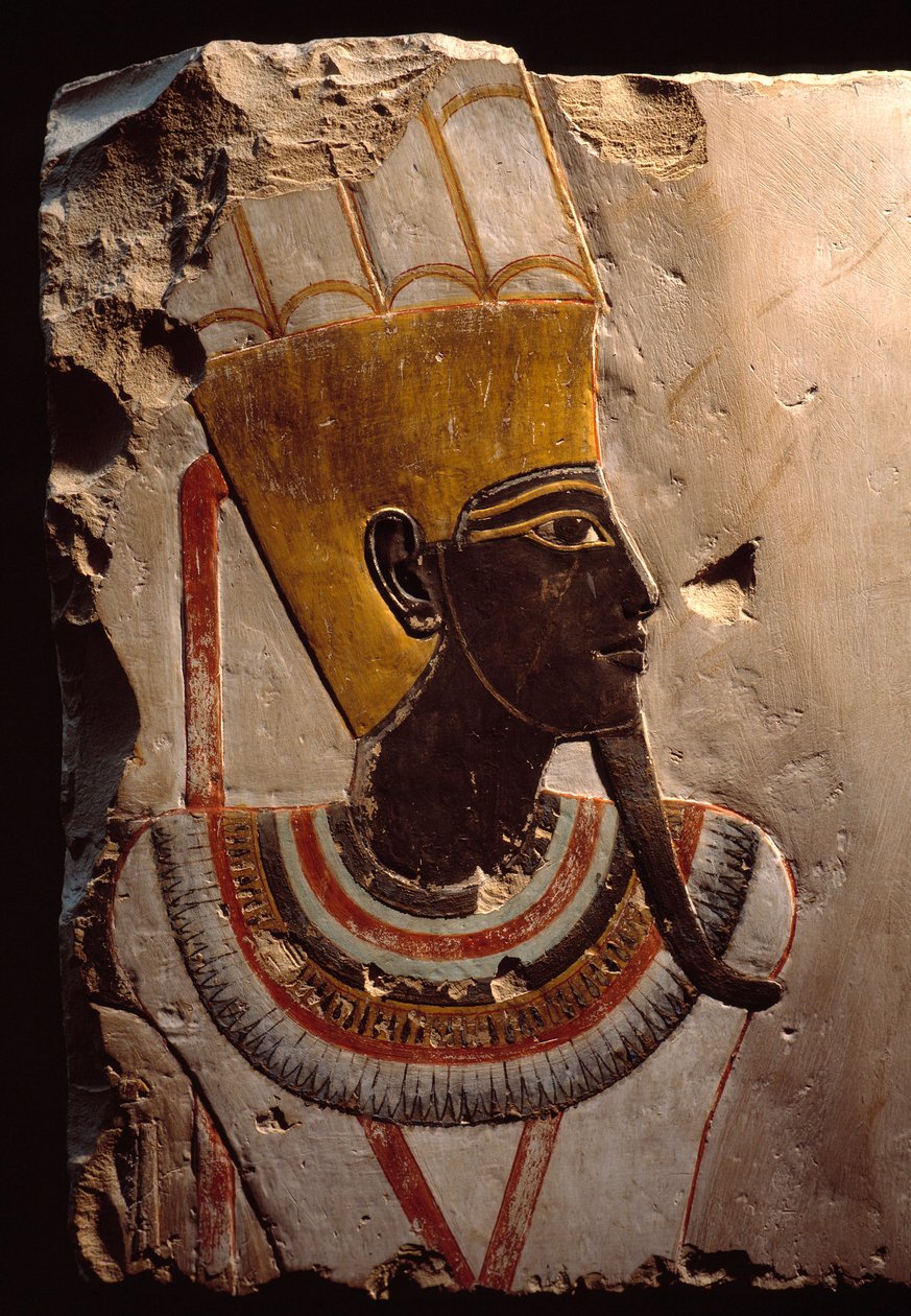 Egyptian antiquite: detail of a painting on limestone depicting the fertility god Amon Min (Amon-Min). Luxor, Egyptian Art Museum 作者 埃及人埃及人
