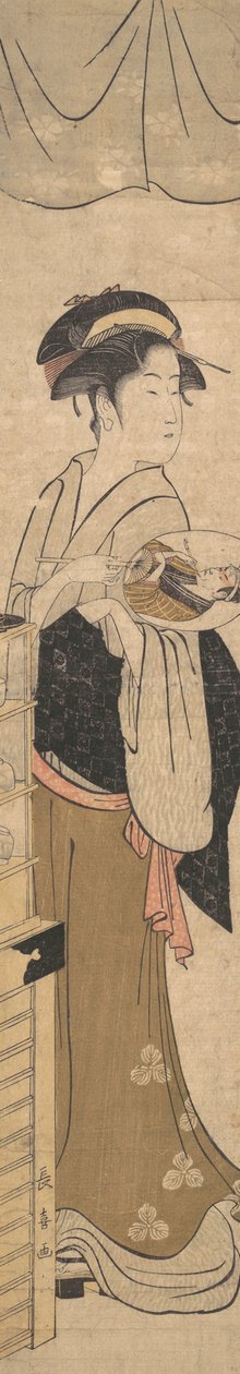 拿着扇子的年轻女士。 作者 荣斋斋