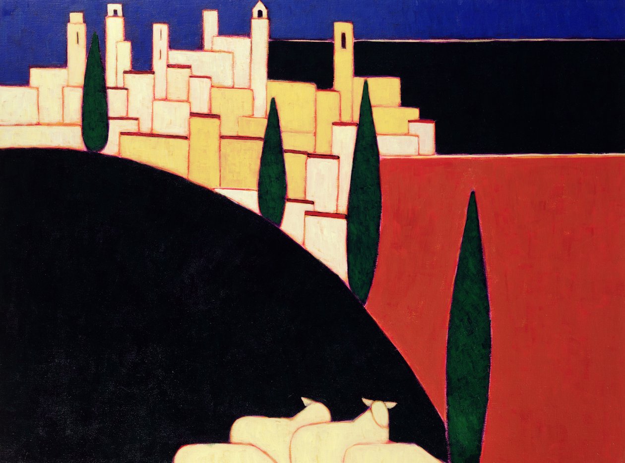 San Gimignano with Sheep，1999（纸上丙烯酸） 作者 Eithne当代艺术家多恩