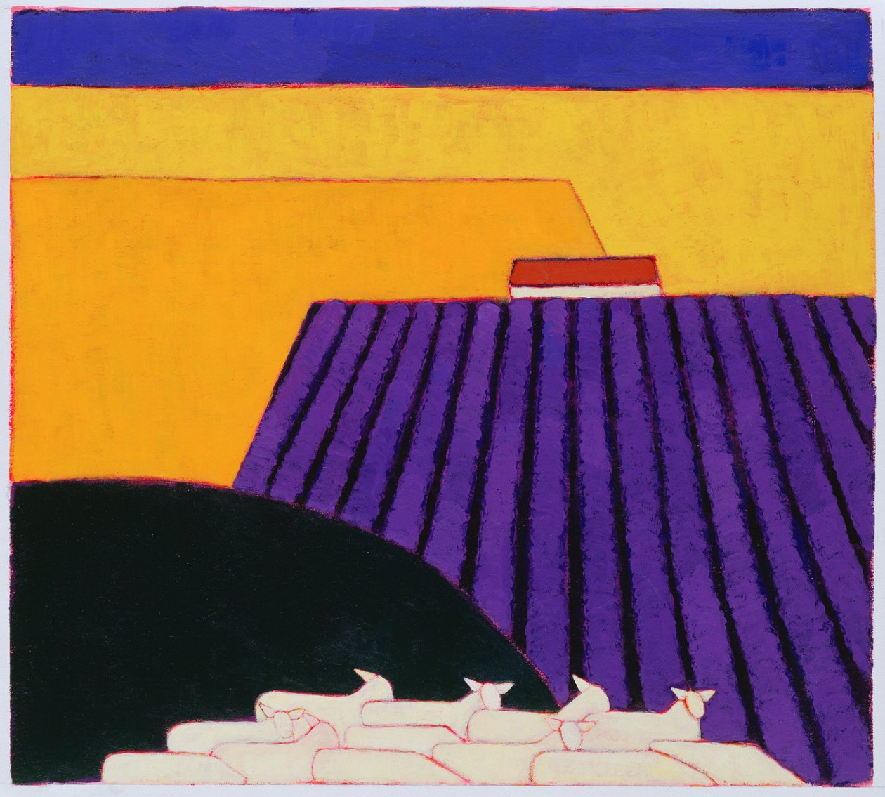 绵羊和薰衣草田，2004年（纸上丙烯酸） 作者 Eithne当代艺术家多恩