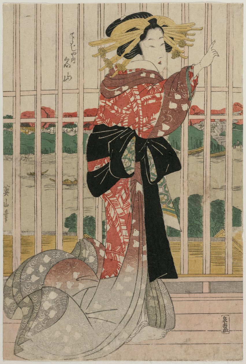 Chojiya的妓女Meizan在阳台上俯瞰c田河，大约在1820年代初或中期。 作者 菊川荣山