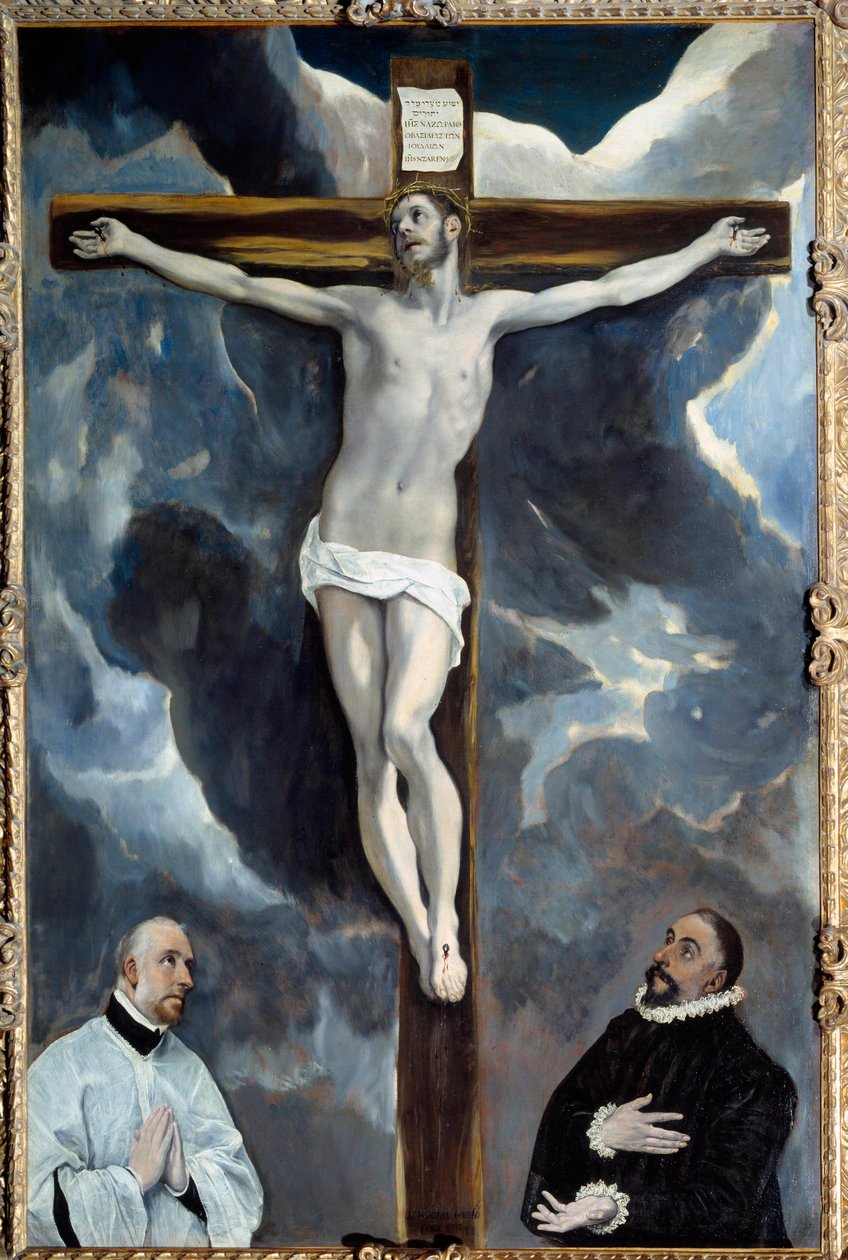 两位捐助者在十字架上崇拜基督 绘画由 Theotokopoulos Domenico dit El Greco (1541-1614) 1576 年 2,6x1,71 m 作者 埃尔·格列柯