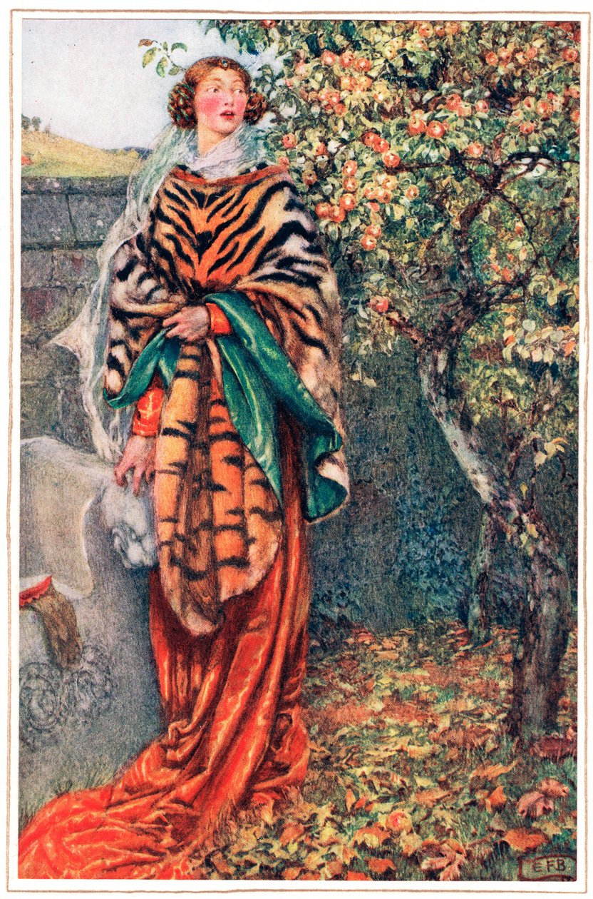 国王茫然地望着她，然后离去，插图选自阿尔弗雷德-丁尼生（1809-92 年）的《国王田园诗》，由 Hodder  Stoughton 出版社出版 作者 埃莉诺 Fortescue-Brickdale