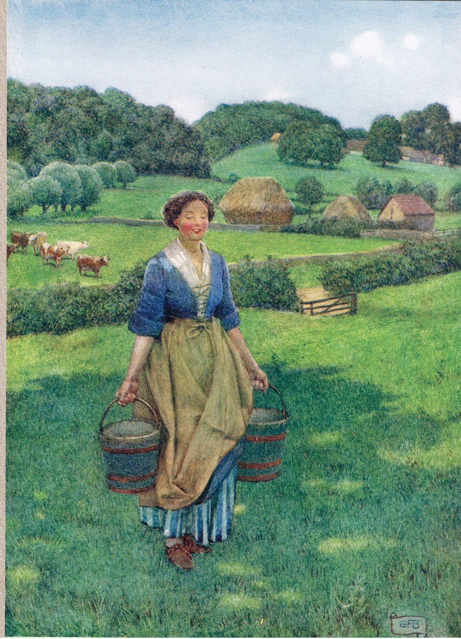 挤奶女工》，插图，选自《英国古歌和民谣集》，霍德和斯托顿出版社出版，约 1910 年（彩色石印版） 作者 埃莉诺 Fortescue-Brickdale