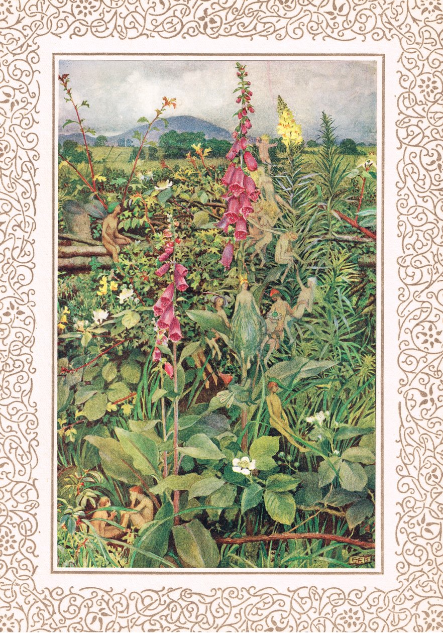 毛地黄中的 Naues Fairies，阿尔弗雷德·丁尼生 (Alfred Tennyson)（1809-92 年）《国王田园诗》中的插图，由 Hodder & Stoughton 出版 作者 埃莉诺 Fortescue-Brickdale